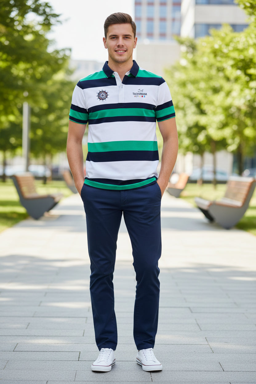 A men's short-sleeve polo shirt with horizontal stripes in white, dark navy, and green. The shirt features a navy collar, a small ship's wheel graphic on the left chest, and 'TACE&SHARK' branding on the right chest.