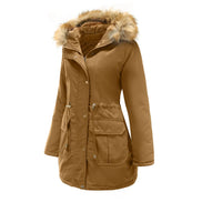 Brown parka coat with fur hood on a white background