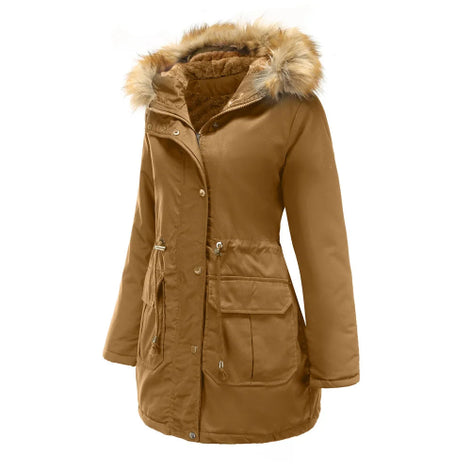 Brown parka coat with fur hood on a white background