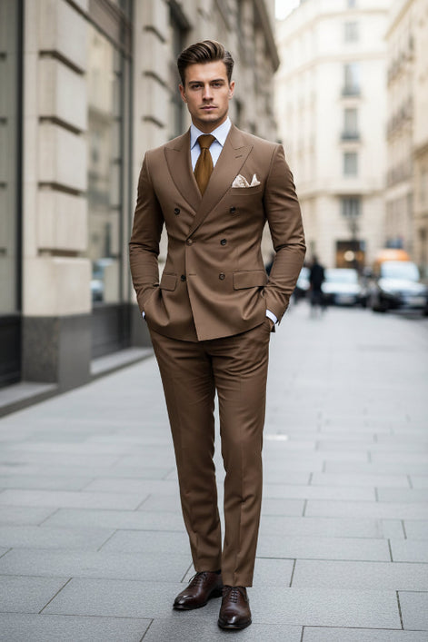 Brown suit with a tie and pocket square on a dark background