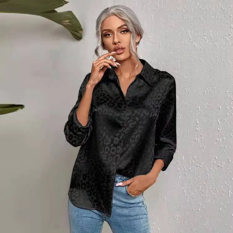 Women Leopard Print Luxury Blouse Spring Summer Long Sleeve Lapen Vintage Button Up Shirt Office Lady Satin Tunics Harajuku Top