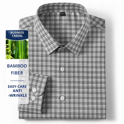 A folded gray and white plaid button-down shirt with a collar and three-button placket, shown on a white background with a vertical text panel highlighting bamboo fiber and wrinkle resistance.