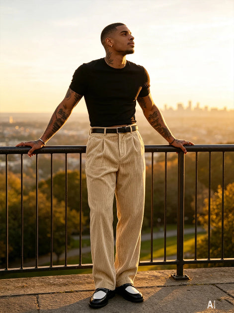 A man stands on a balcony at sunset wearing a black short-sleeve crewneck t-shirt, beige trousers, and black-and-white loafers, with a city skyline in the background.
