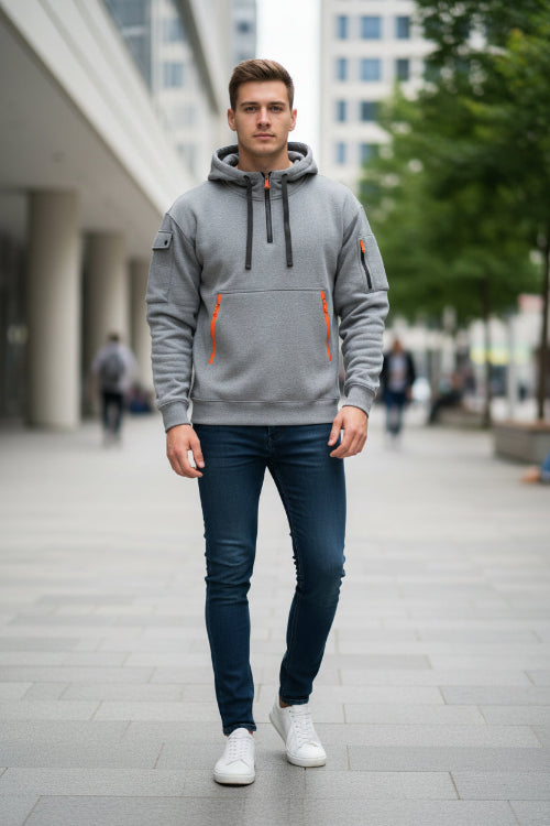 Gray hoodie with BMW Motorrad logos on a white background