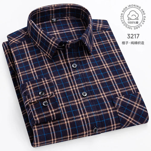 Folded plaid shirt with brand logo on a white background