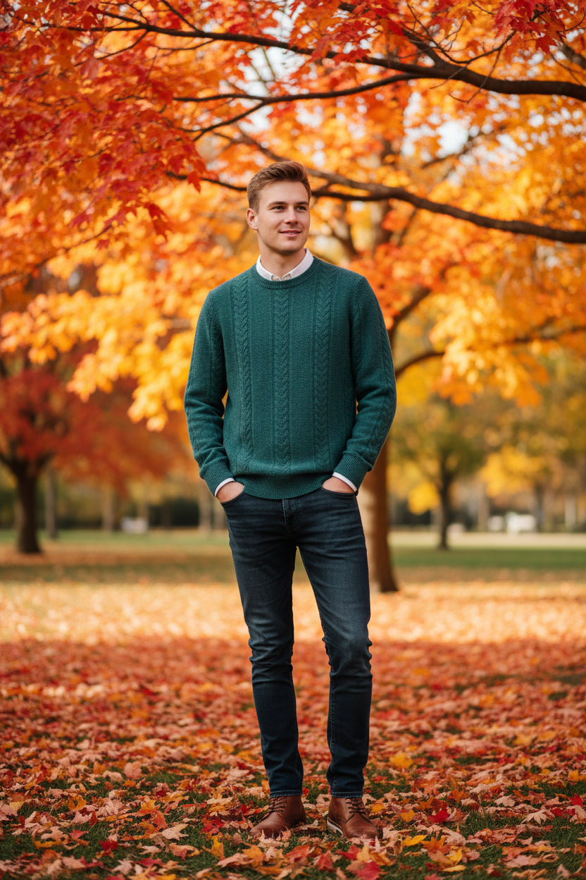 Green cable knit sweater on a white background with text 'Soft', 'Delicate', 'Warm'.