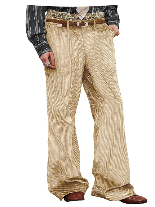 A person wearing wide-leg beige corduroy pants with a brown belt, a striped long-sleeve shirt, and brown shoes, shown against a plain white background.