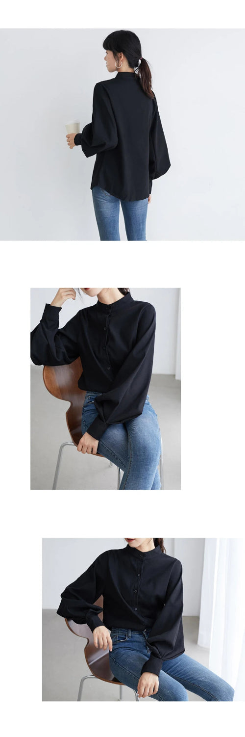 Person wearing a black long-sleeve top and blue jeans in various poses on a white background.