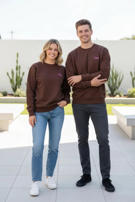 A brown crewneck sweatshirt with a small pink embroidered 'Dime' logo on the left chest, displayed on a clean white background.