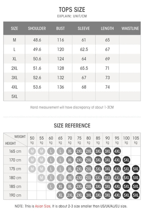 A size chart and size reference table for tops, showing measurements in centimeters for size M through 5XL, plus a height/weight chart. The header reads 'TOPS SIZE' and 'EXPLAIN: UNIT/CM'.