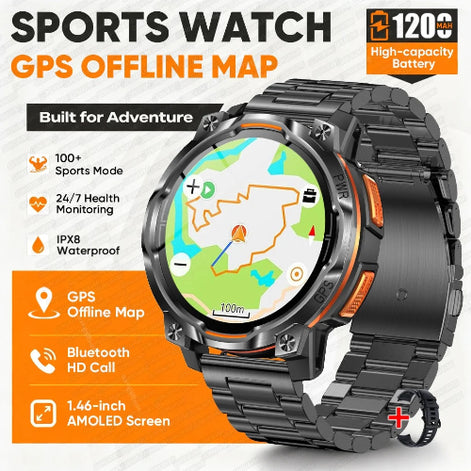A rugged black sports watch with a metal link band, orange accents, and a round display showing a map. The image includes promotional text highlighting features such as GPS offline map, 120mAh 