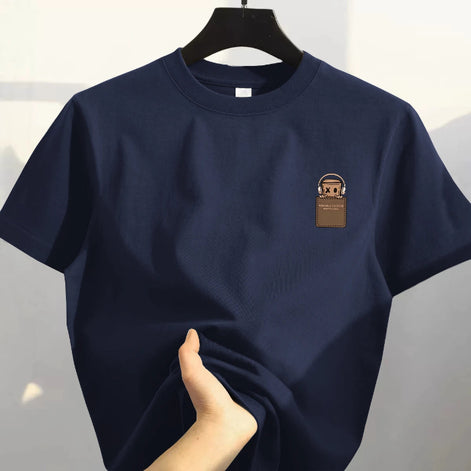 Navy blue t-shirt with a brand logo on a hanger against a white background