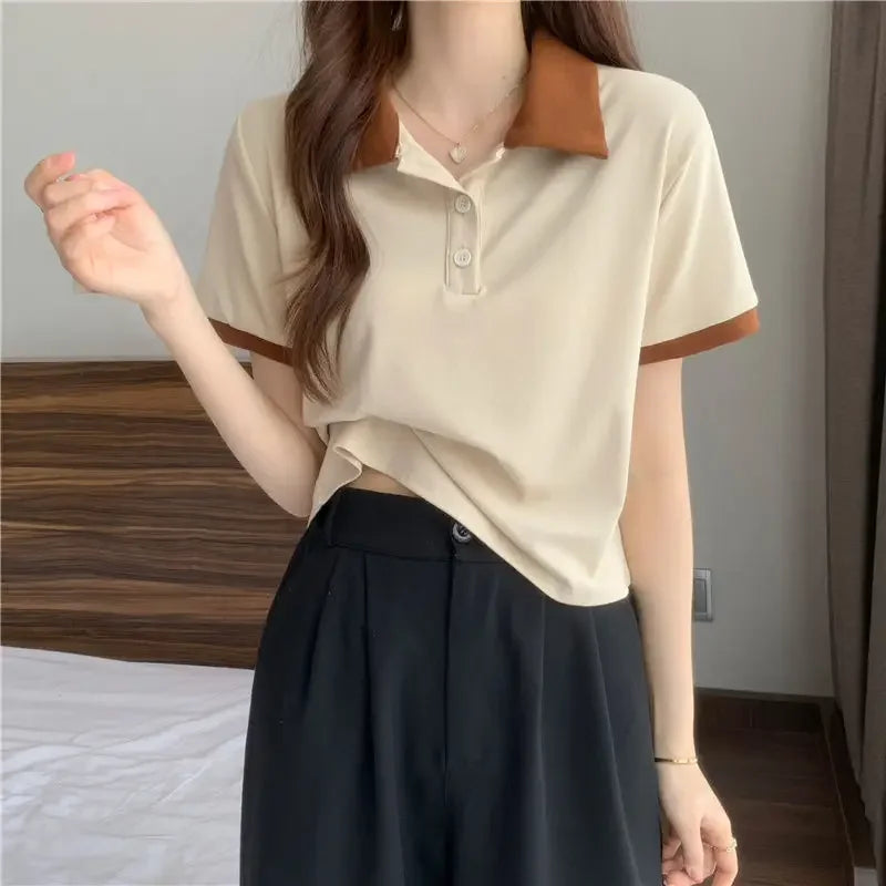 Plain Female Tee Slim Women's Polo Shirts T-shirts Short Sleeve T-shirt in Trend 2025 Youthful Clothes Korean Clothing Elegant