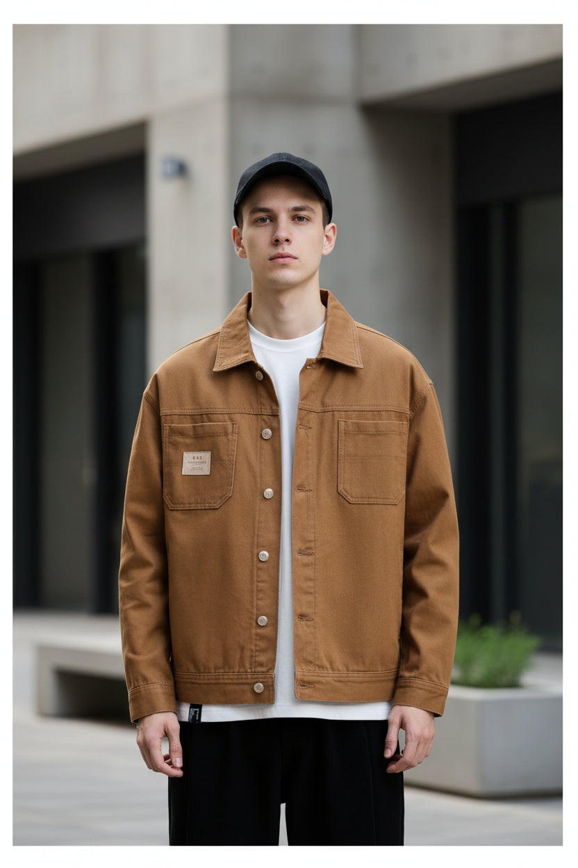 Brown jacket with a brand label on a white background