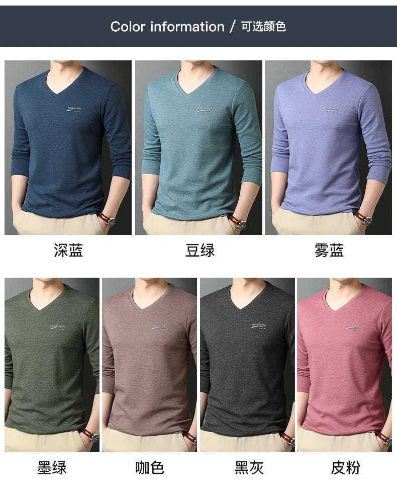 Top Quality New Fashion Brand Solid Color Plain V Neck Long Sleeve t Shirt Men Cotton Casual Men Clothes 2025