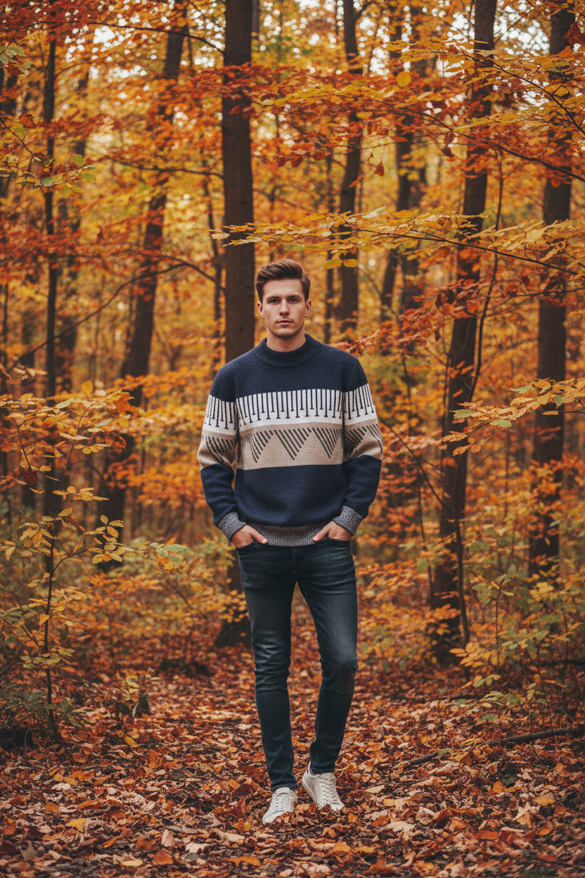 Blue and gray striped sweater on a white background
