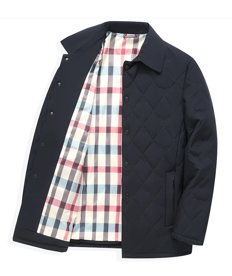 Top Grade Men Parka Jacket Windbreaker Coats Diamond Quilted Bubble Coat Middle-aged Winter Warmth Turn-Down Collar Coat