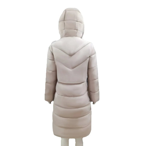 Beige puffer coat on a white background
