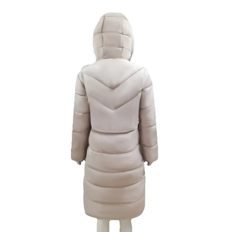 Beige puffer coat on a white background
