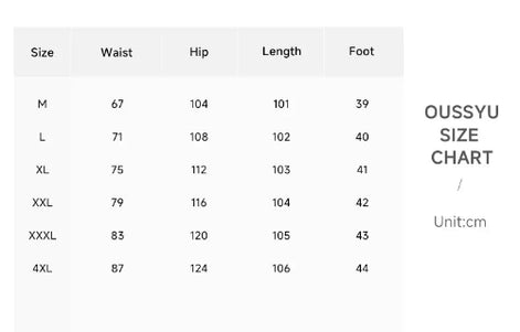 Pants size chart showing waist, hip, length, and leg-opening measurements in centimeters for sizes M through 4XL.