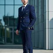 Man wearing a blue suit with gold buttons against a blurred background