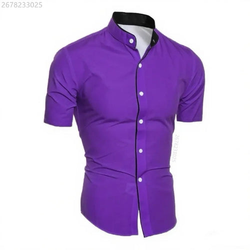 A men's short-sleeve button-up shirt in solid purple, featuring a mandarin collar with a black inner lining, 