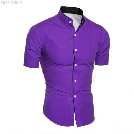 A men's short-sleeve button-up shirt in solid purple, featuring a mandarin collar with a black inner lining, 
