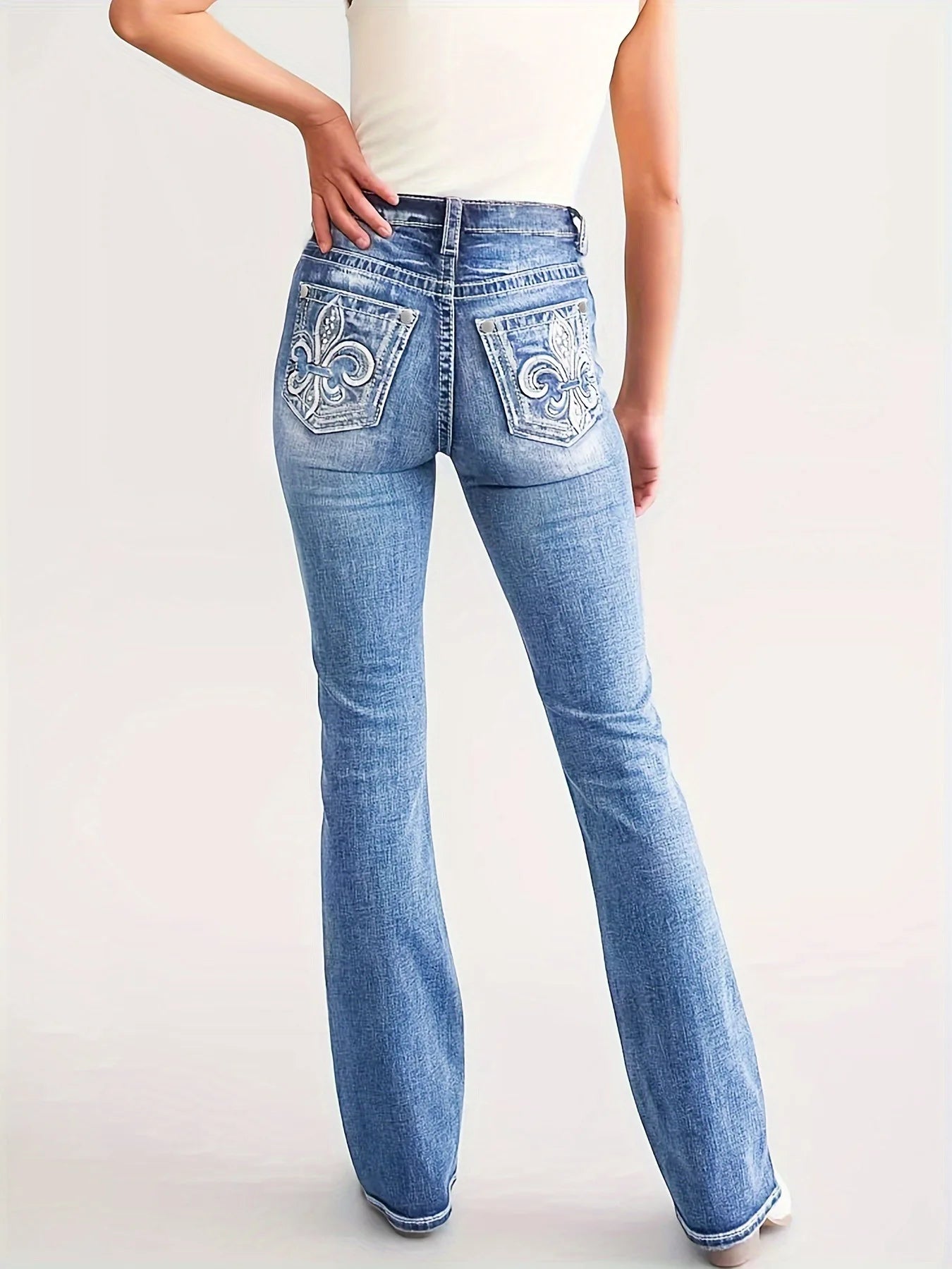 Women Straight Jeans Full Length Jean High Waist Vintage Loose Fit Pockets Embroidery Distressed Washed Trousers Zipper Fly