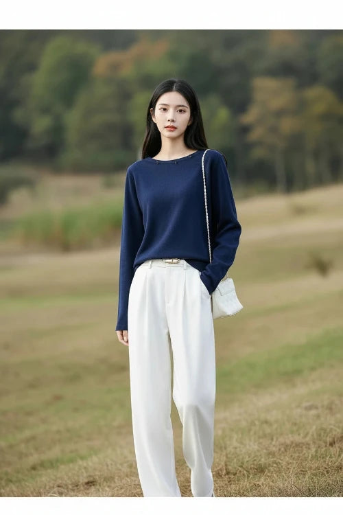 High end fashion 100% pure cotton women's sweater casual knitted round neck pullover autumn and winter solid color women's top