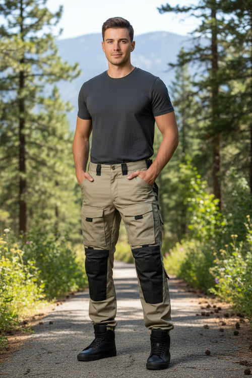 Beige tactical pants with multiple pockets and mesh panels on a white background