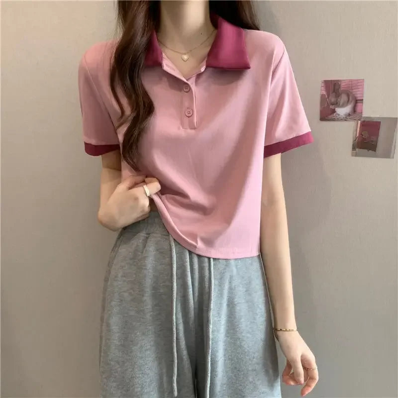 Plain Female Tee Slim Women's Polo Shirts T-shirts Short Sleeve T-shirt in Trend 2025 Youthful Clothes Korean Clothing Elegant