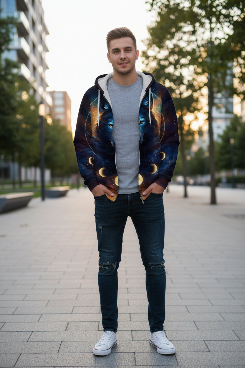 Hoodie with a wolf design and celestial elements on a white background