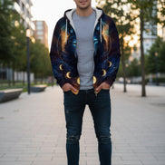 Hoodie with a wolf design and celestial elements on a white background