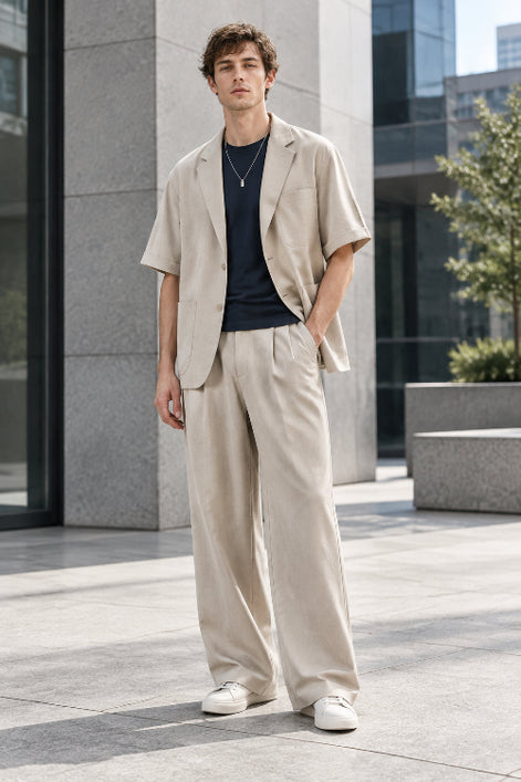 A two-piece neutral outfit set featuring a light beige short-sleeve blazer layered over a black t-shirt, 