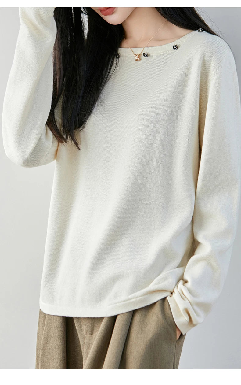 High end fashion 100% pure cotton women's sweater casual knitted round neck pullover autumn and winter solid color women's top