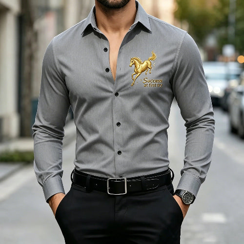 A man wearing a fitted long-sleeve gray dress shirt with a gold embroidered horse logo and the words 'Success at first fly' on the left chest, 