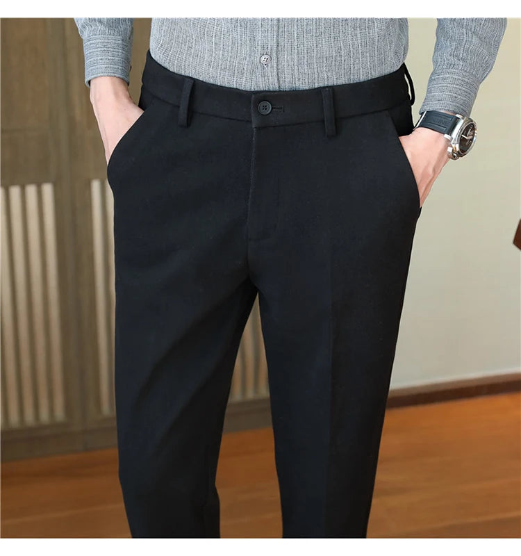 2025 Autumn and Winter Coffee Stretchable Waist Thickened Brushed Casual Pants for Men,multi-color Thick Men's Woolen Suit Pants