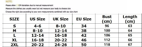 Size chart for clothing with measurements in centimeters and inches.