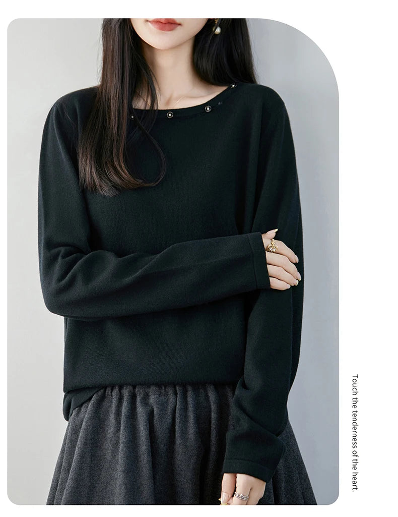 High end fashion 100% pure cotton women's sweater casual knitted round neck pullover autumn and winter solid color women's top