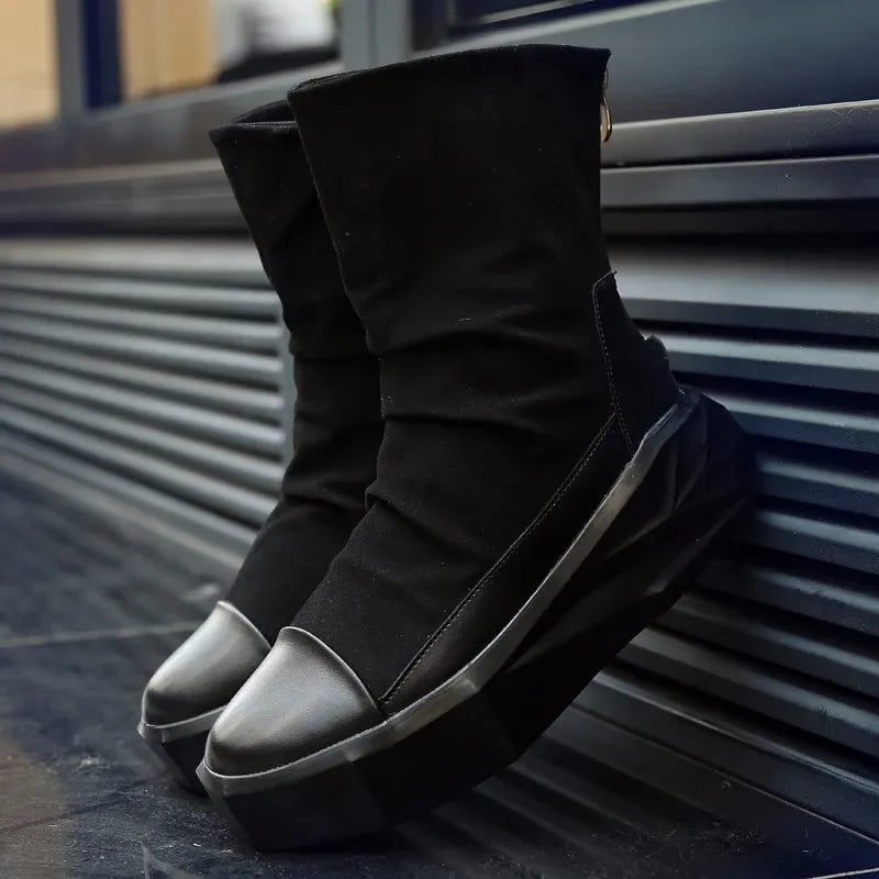 Men 6 cm Height Increasing Platform Boots Back Zip Leather Shoes Male Mixed Colors Y3 High Top Black White Men's Boots