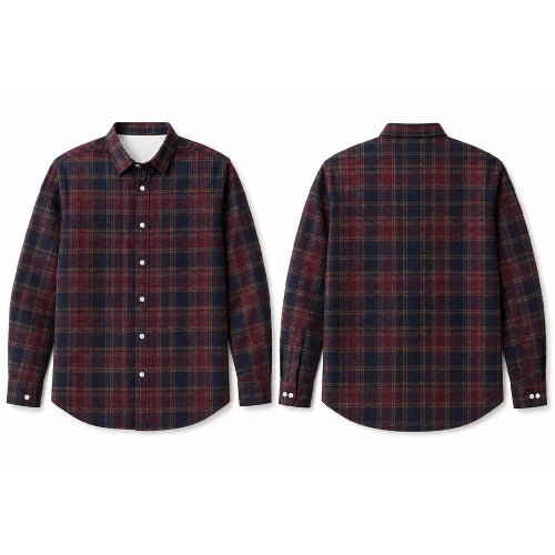 Front and back views of a long-sleeve button-up plaid shirt in navy and burgundy red, shown on a plain white background.