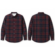 Front and back views of a long-sleeve button-up plaid shirt in navy and burgundy red, shown on a plain white background.