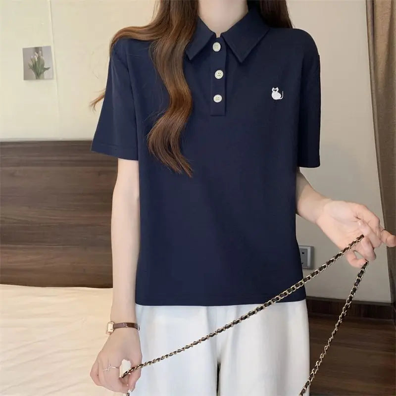 Pink Woman 100℅ Cotton Tshirt Embroidery Polo Neck T Shirt for Women Korean Clothing Y2k Fashion High Quality Youthful Elegant