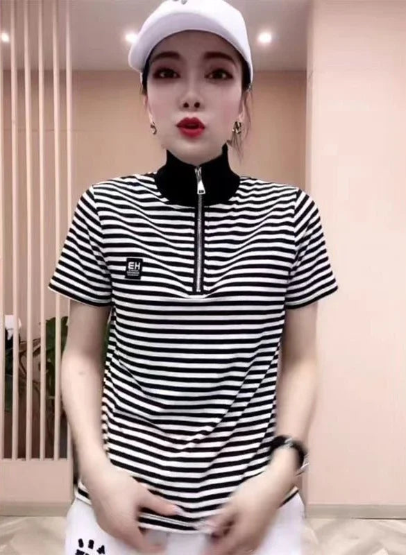 T-shirt Woman Short Sleeve Tee Clothing Green Polo Neck Shirts for Women Tops White Korean Style Polyester Luxury High Quality V