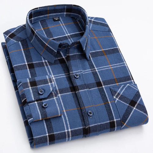 A folded long-sleeve plaid button-up shirt in blue, navy, black, white, and thin orange lines, shown on a clean white background.