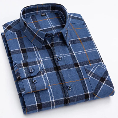 A folded long-sleeve plaid button-up shirt in blue, navy, black, white, and thin orange lines, shown on a clean white background.