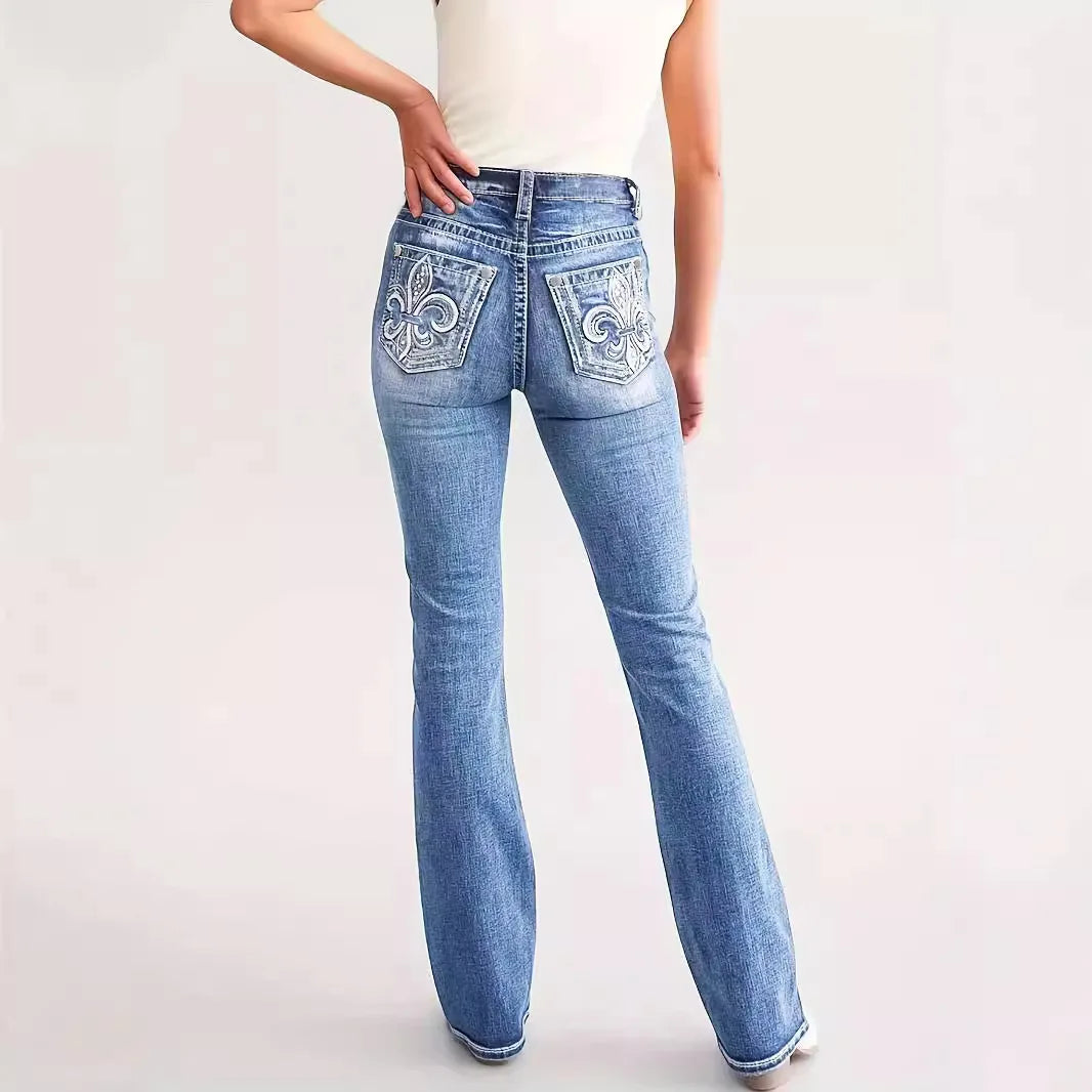 Women Straight Jeans Full Length Jean High Waist Vintage Loose Fit Pockets Embroidery Distressed Washed Trousers Zipper Fly