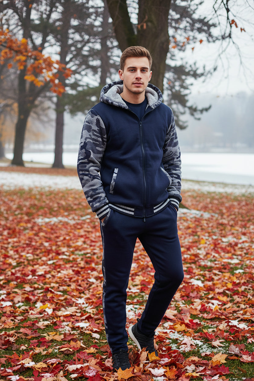 Black and gray camouflage hoodie with matching pants on a white background, featuring the brand 'REALXIZI'.
