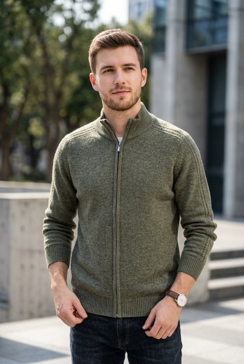 A gray knit zip-up sweater with a mock neck and ribbed cuffs and hem, hanging on a wooden hanger against a light gray background. 