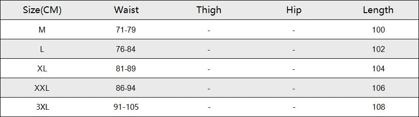 A size chart table with columns for Size/CM, Waist, Thigh, Hip, and Length, showing measurements for M, L, XL, XXL, and 3XL sizes.